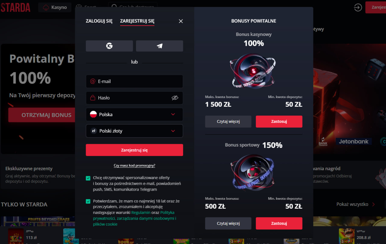 Starda Casino tabela parametrów kasyna